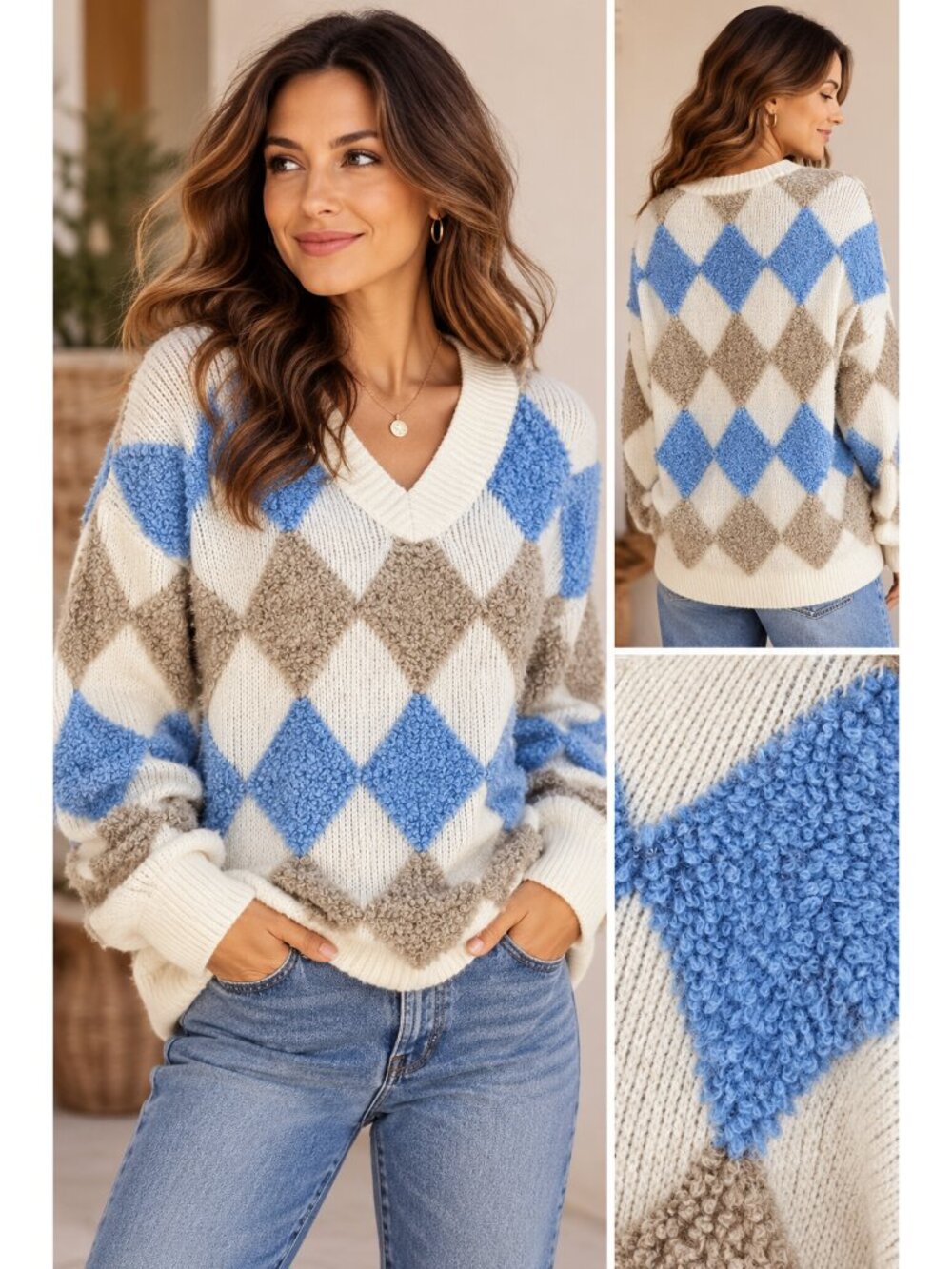 Argyle Sweater Blue Taupe Boucle Textured V Neck Preppy Grandmillennial Med Lrg